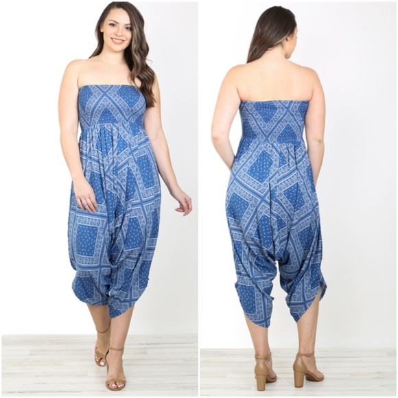 #154 NAVY WHITE PRINT SMOCKED TUBE PLUS SIZE JUMPSUIT - Picture 1 of 4